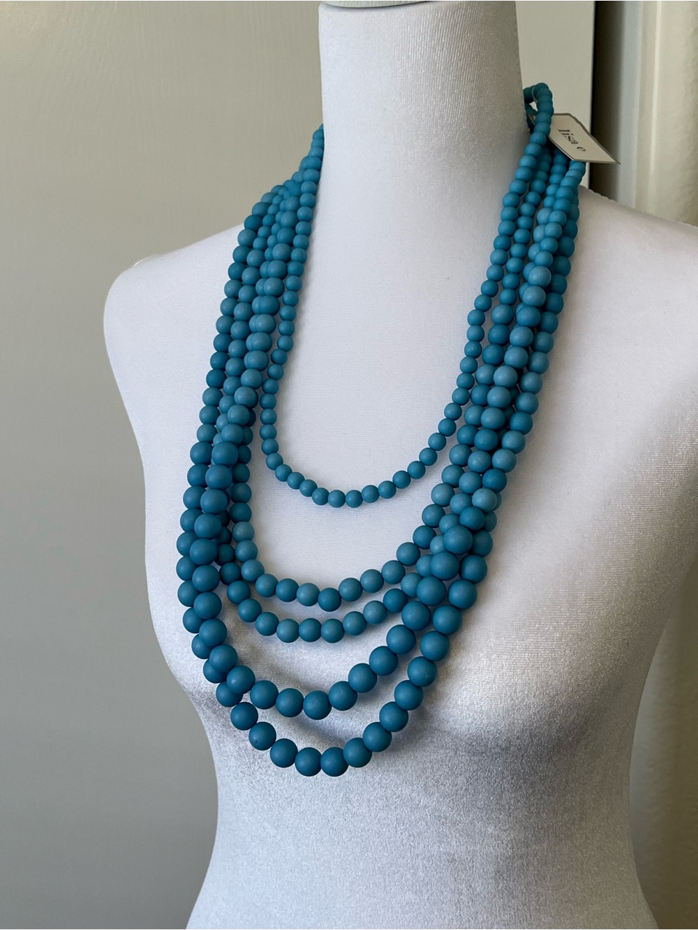 NWT Lisa E Blue Wood Painted Multi Layer Necklace 30”